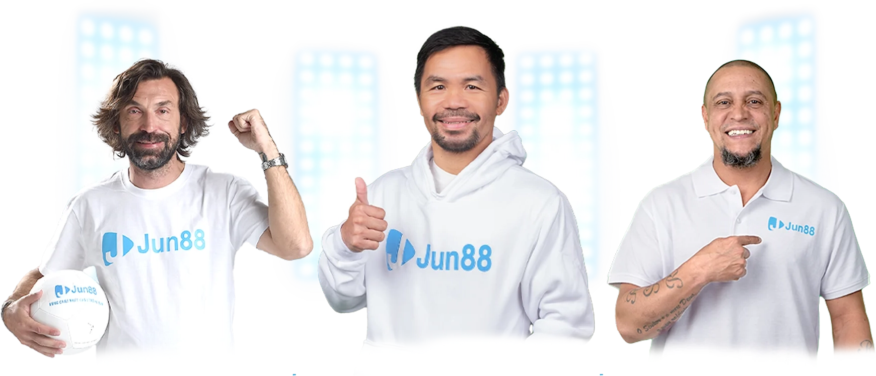Jun88 brand ambassadors Andrea Pirlo, Manny Pacquiao, and Roberto Carlos